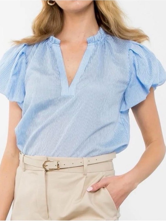 THML Tops - THML Blue and White Pinstripe Ruffle Sleeve Blouse